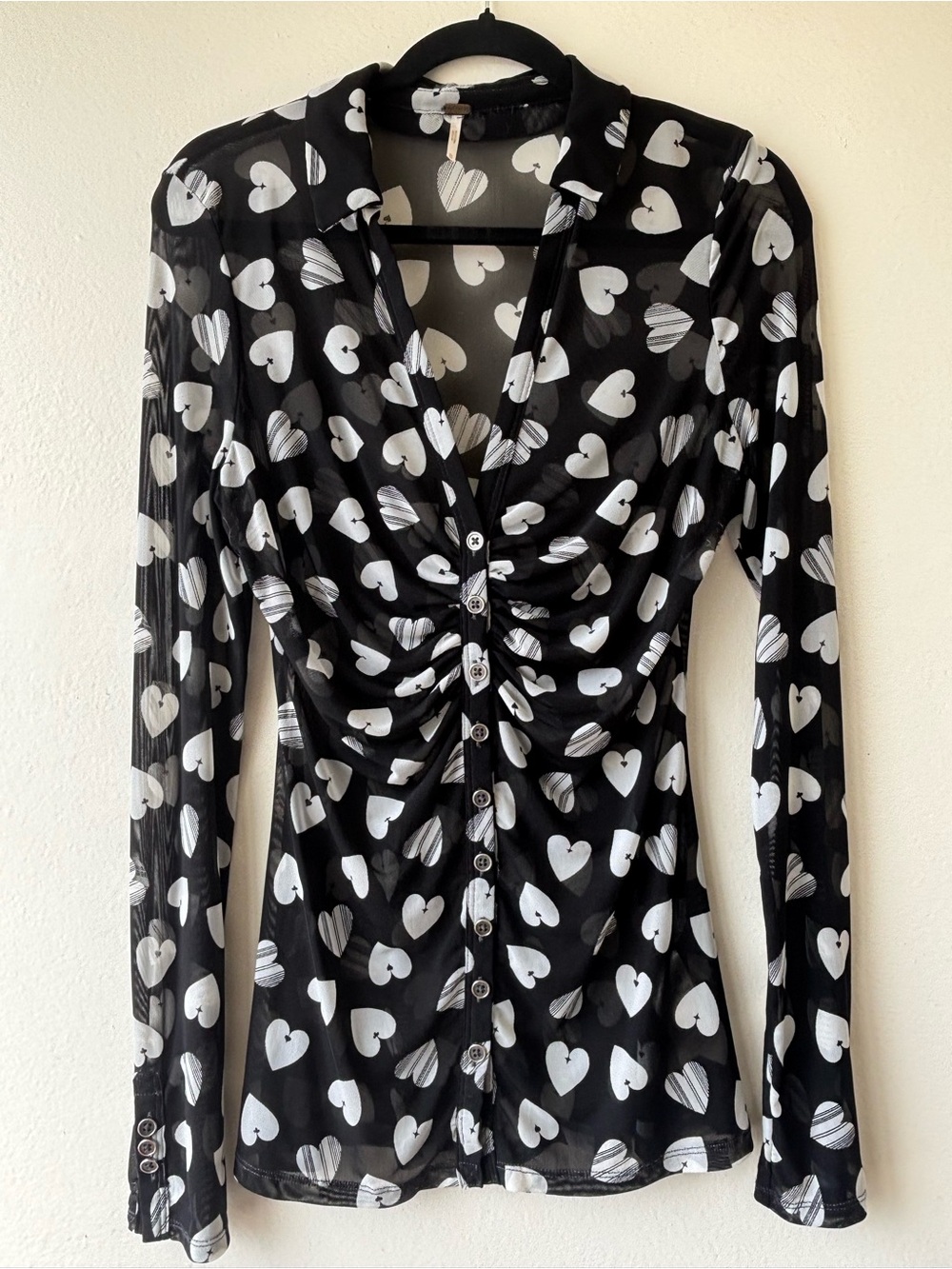 Free People Black Button-Front Heart Print Long Sleeve Top